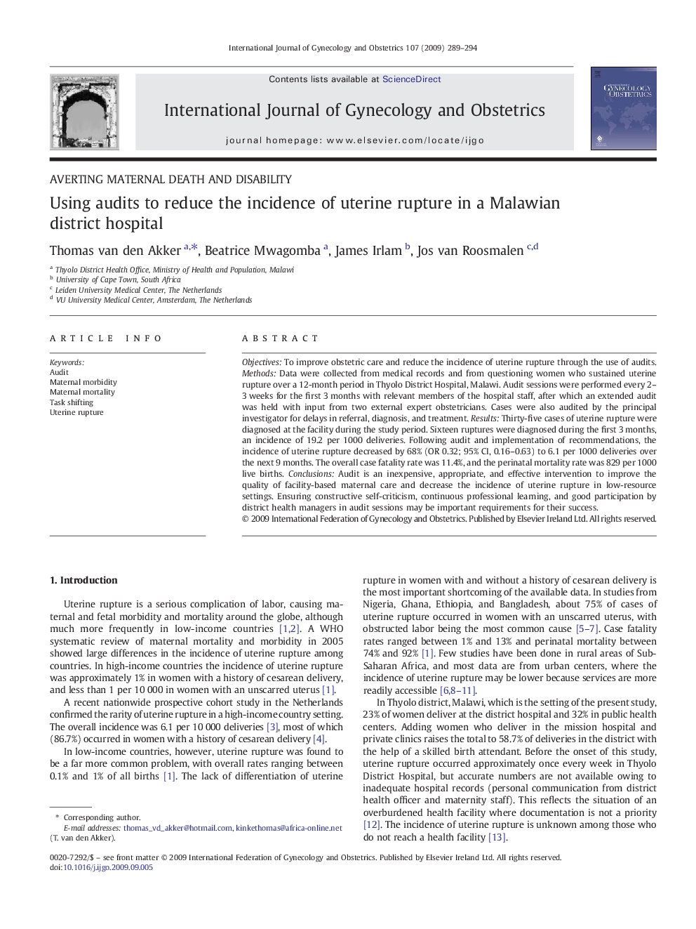 Using audits to reduce the incidence of uterine rupture in a Malawian district hospital