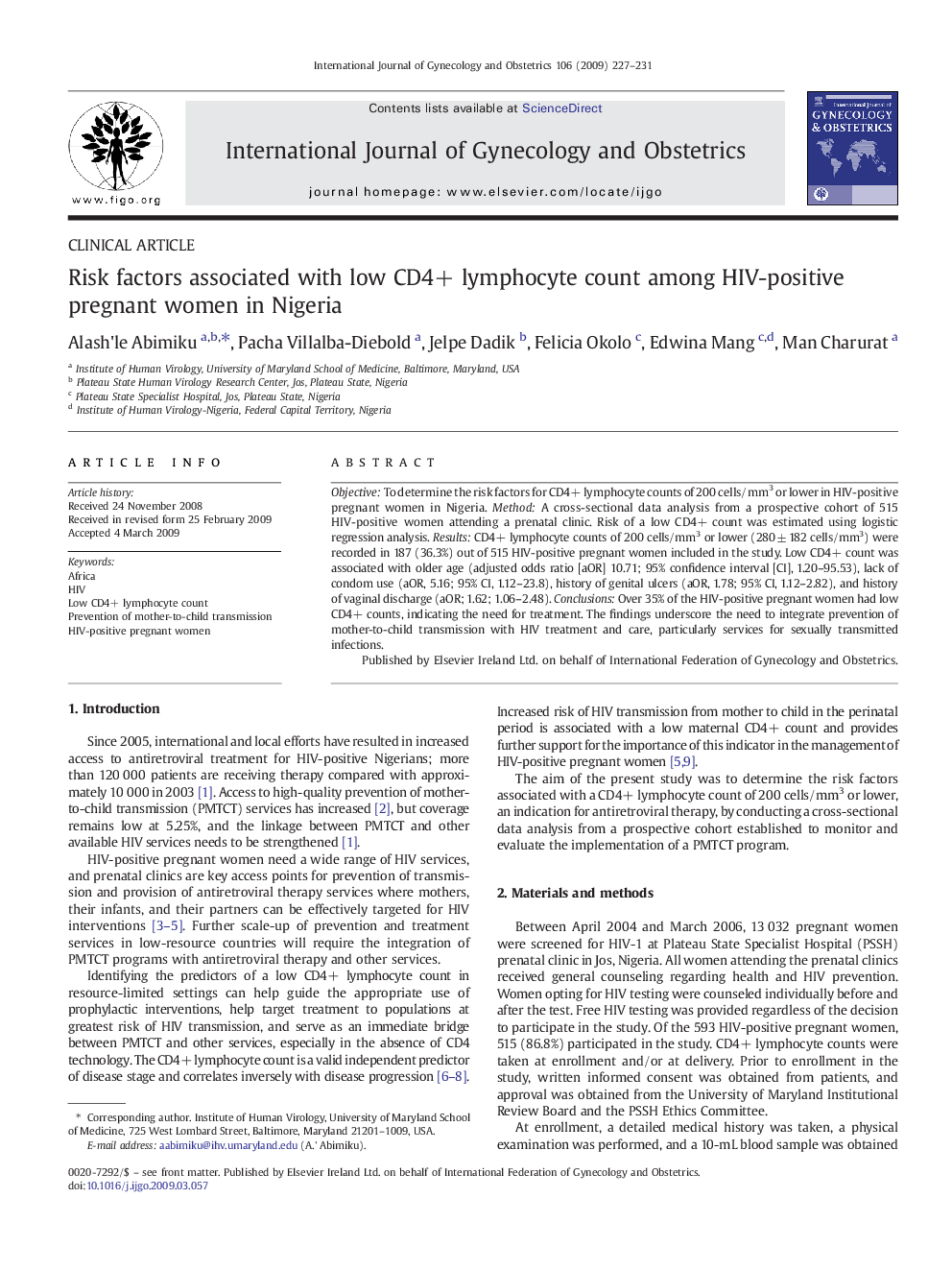 Risk factors associated with low CD4+ lymphocyte count among HIV-positive pregnant women in Nigeria