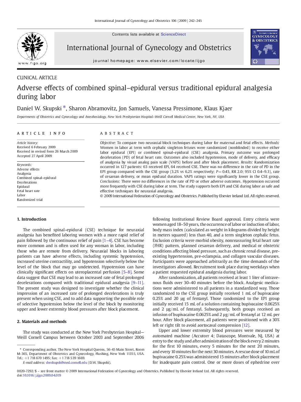 Adverse effects of combined spinal–epidural versus traditional epidural analgesia during labor