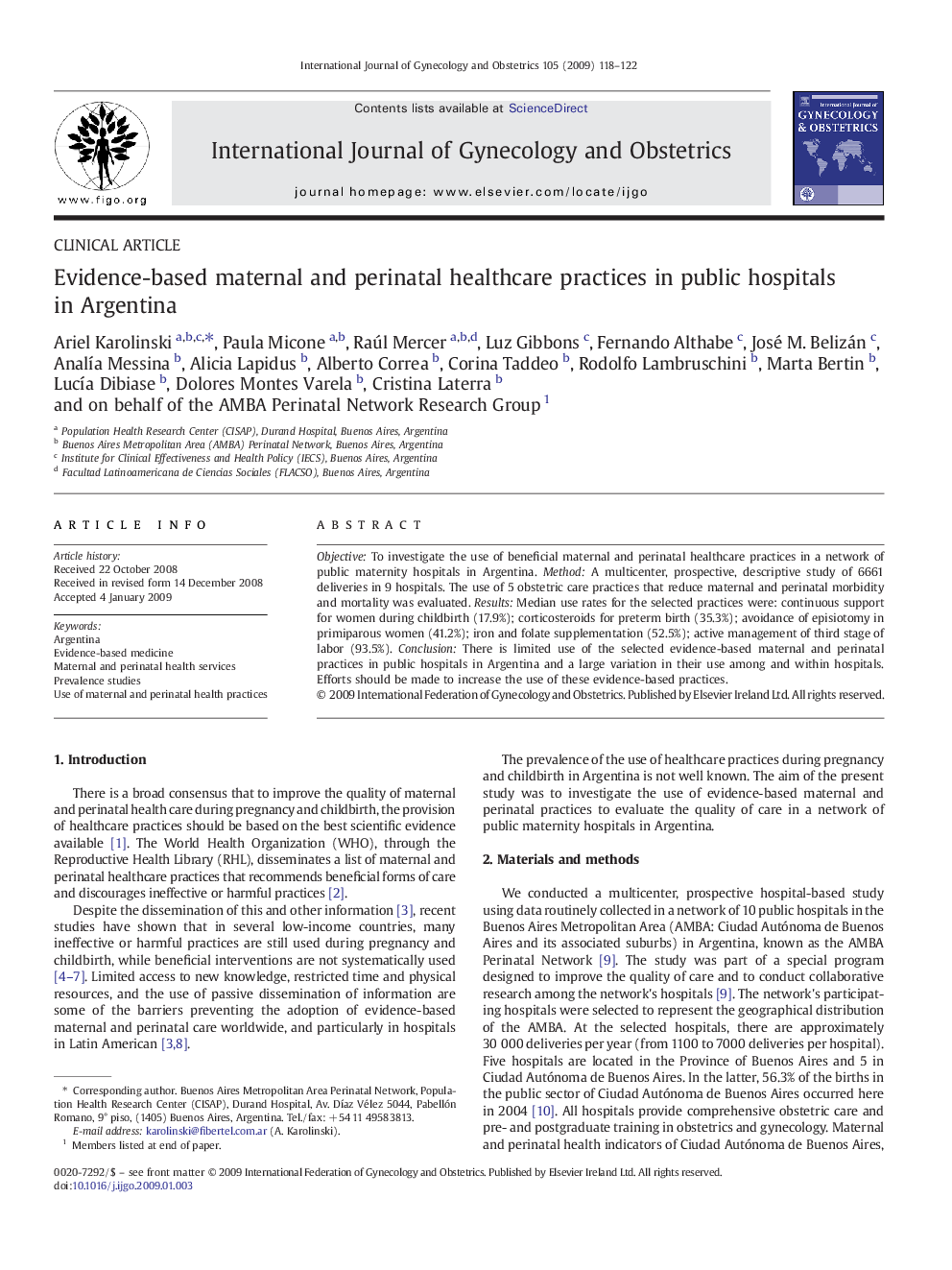 Evidence-based maternal and perinatal healthcare practices in public hospitals in Argentina