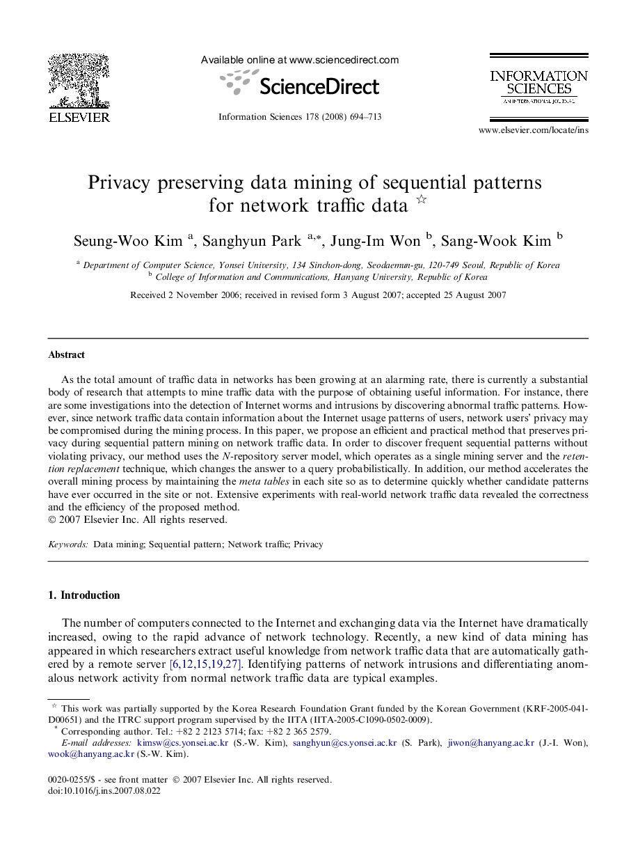 Privacy preserving data mining of sequential patterns for network traffic data 