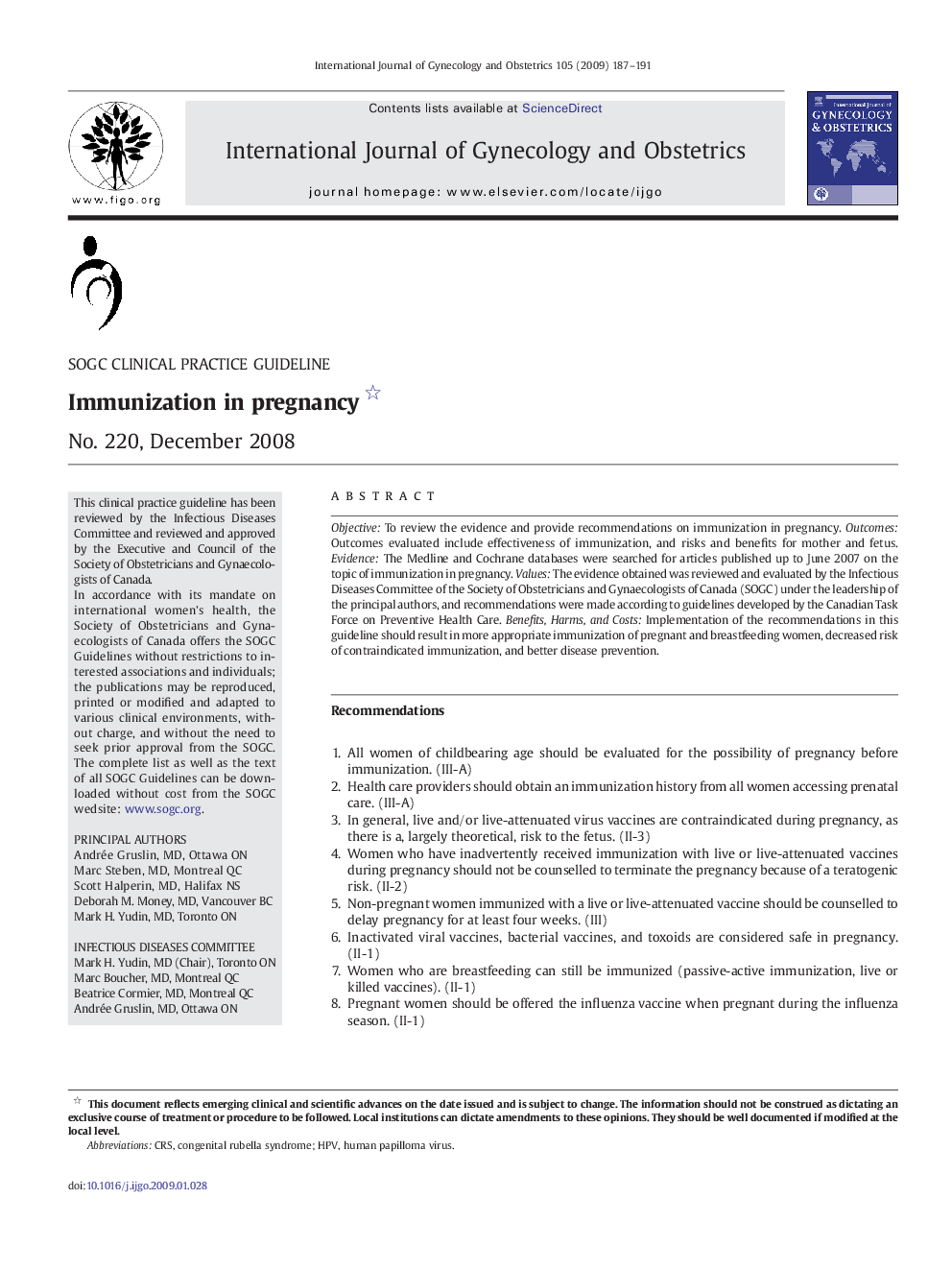 Immunization in pregnancy: No. 220, December 2008 