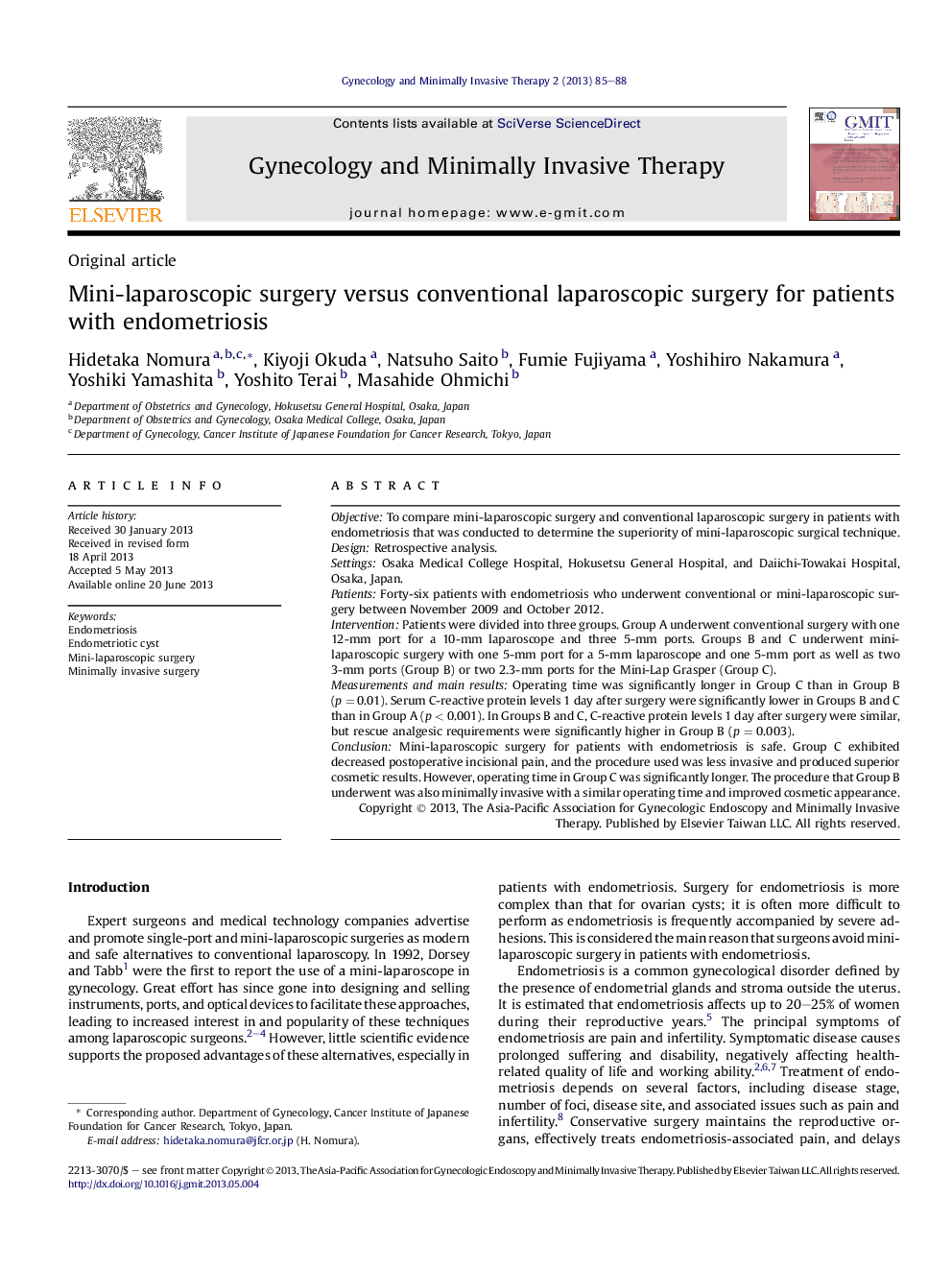 Mini-laparoscopic surgery versus conventional laparoscopic surgery for patients with endometriosis