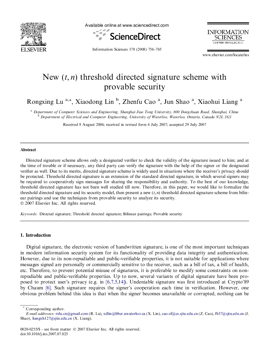 New (t, n) threshold directed signature scheme with provable security