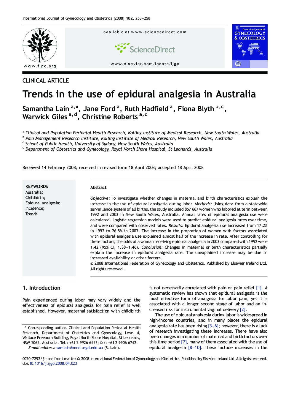 Trends in the use of epidural analgesia in Australia