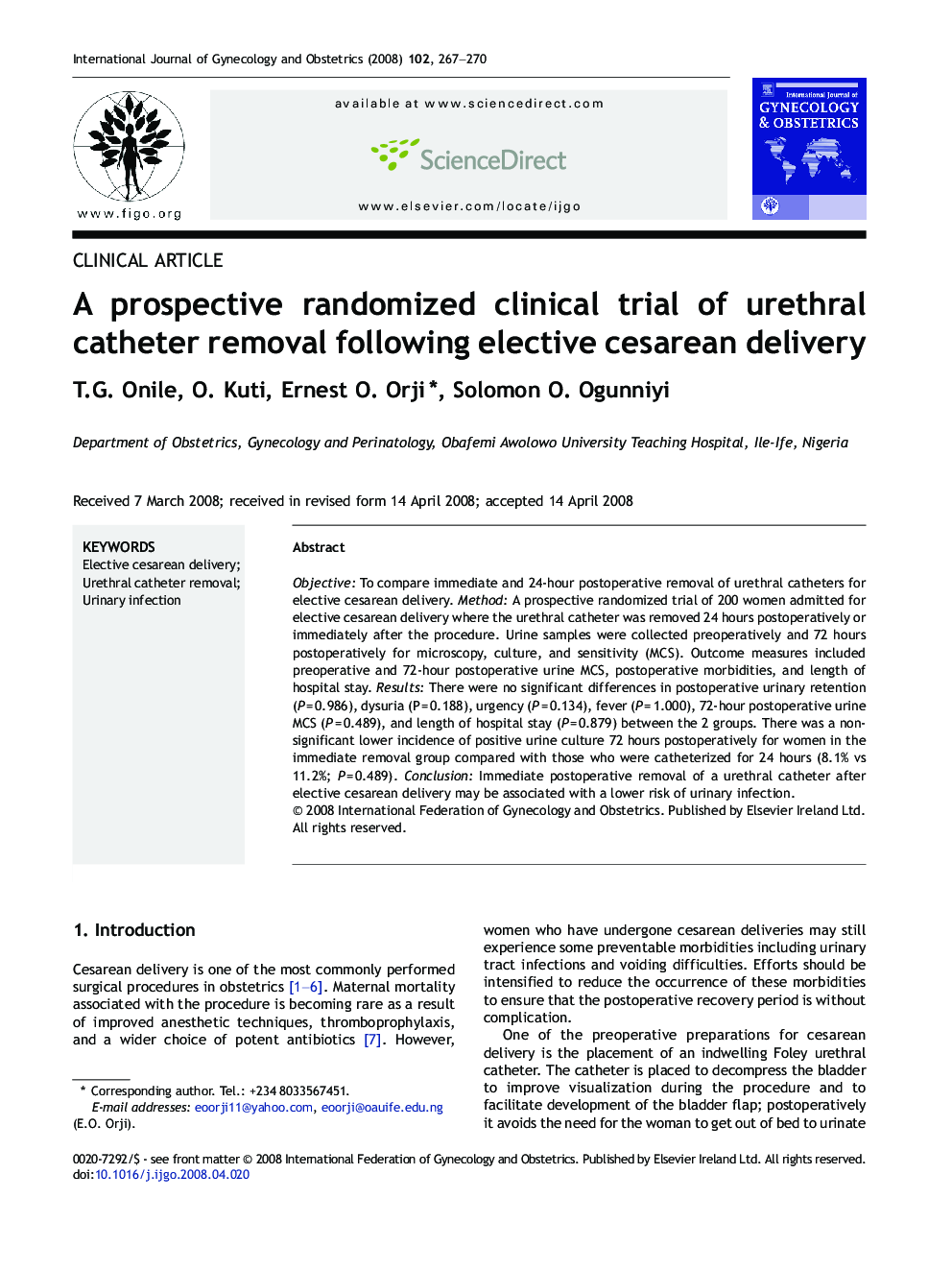 A prospective randomized clinical trial of urethral catheter removal following elective cesarean delivery