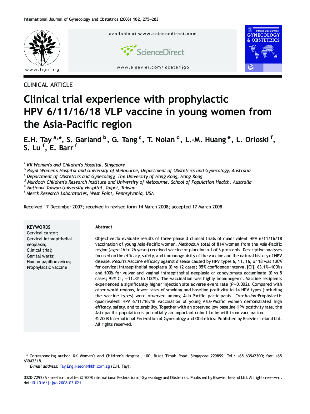 Clinical trial experience with prophylactic HPV 6/11/16/18 VLP vaccine in young women from the Asia-Pacific region