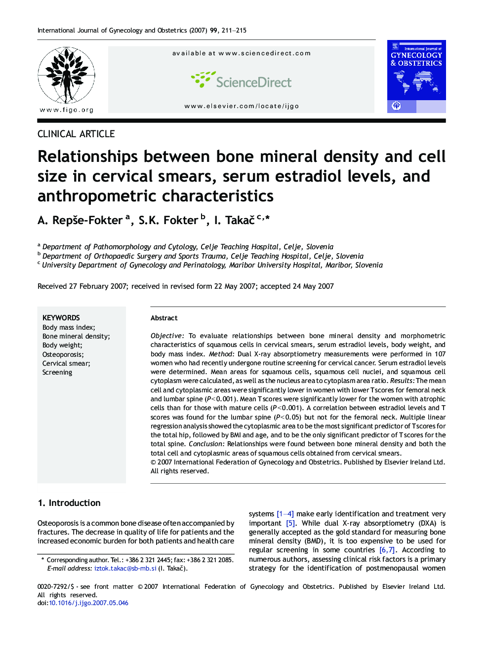 Relationships between bone mineral density and cell size in cervical smears, serum estradiol levels, and anthropometric characteristics