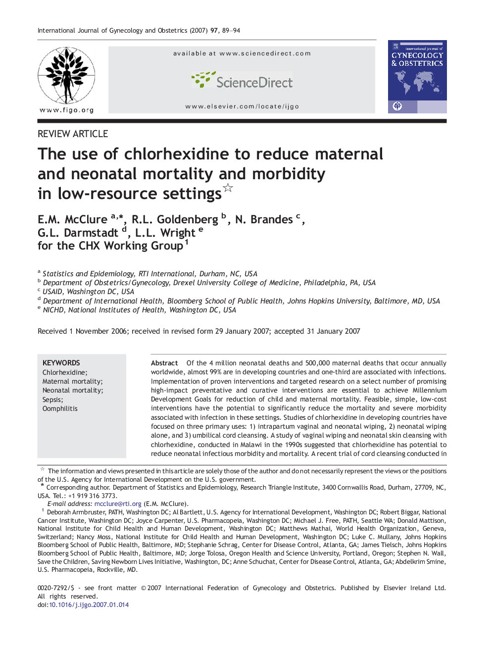 The use of chlorhexidine to reduce maternal and neonatal mortality and morbidity in low-resource settings 