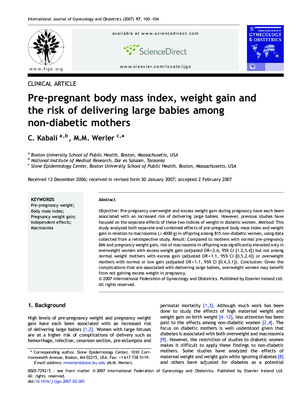 Pre-pregnant body mass index, weight gain and the risk of delivering large babies among non-diabetic mothers