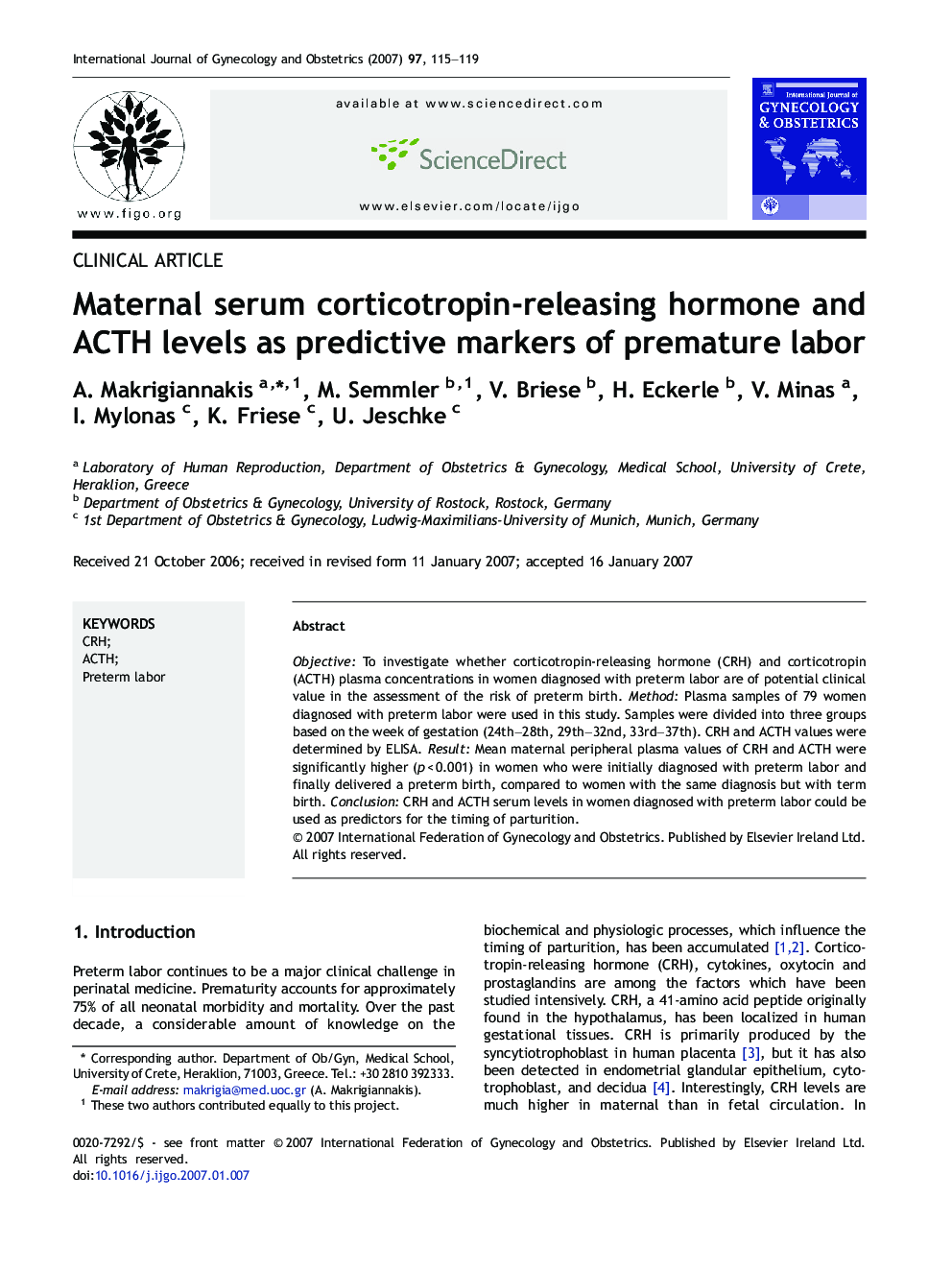 Maternal serum corticotropin-releasing hormone and ACTH levels as predictive markers of premature labor