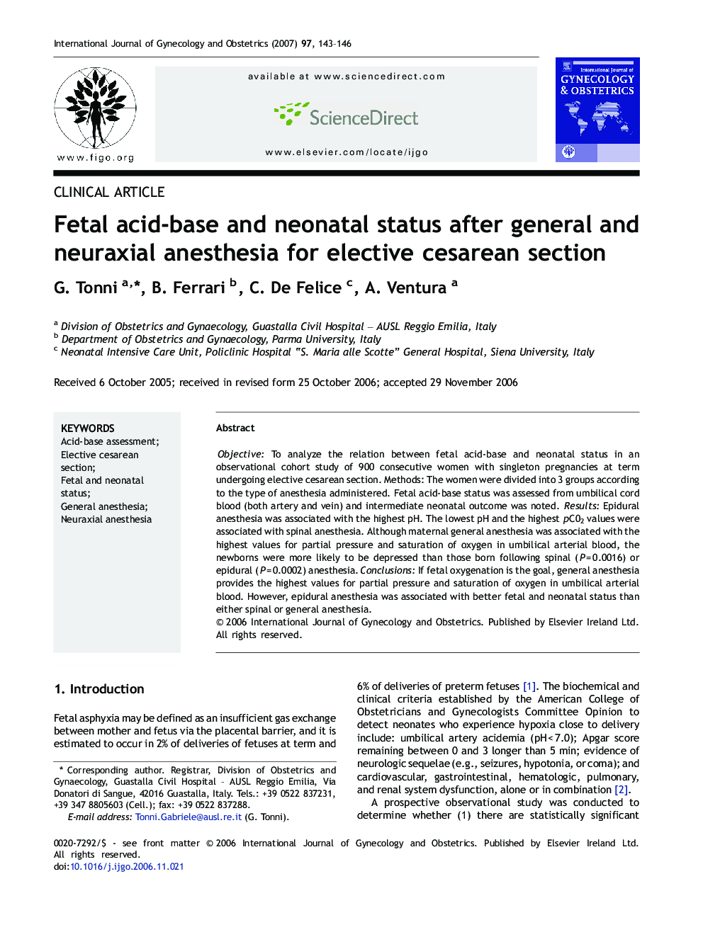 Fetal acid-base and neonatal status after general and neuraxial anesthesia for elective cesarean section