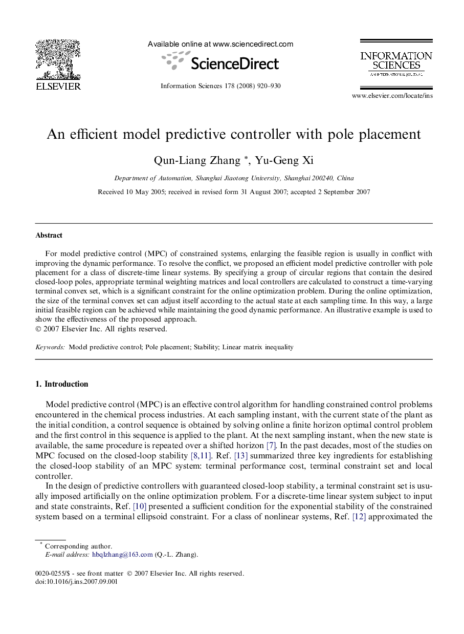 An efficient model predictive controller with pole placement