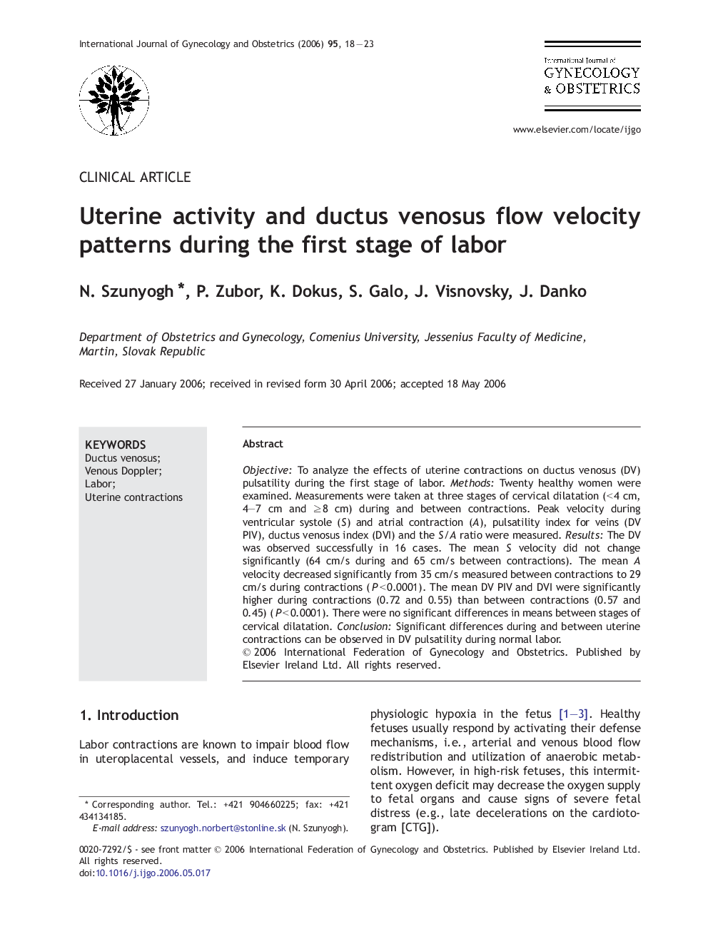 Uterine activity and ductus venosus flow velocity patterns during the first stage of labor