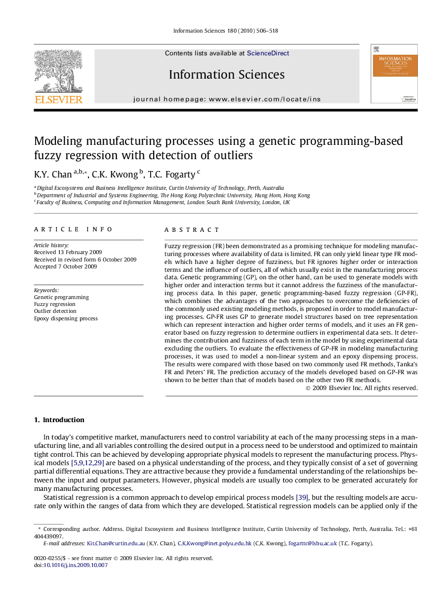 Modeling manufacturing processes using a genetic programming-based fuzzy regression with detection of outliers