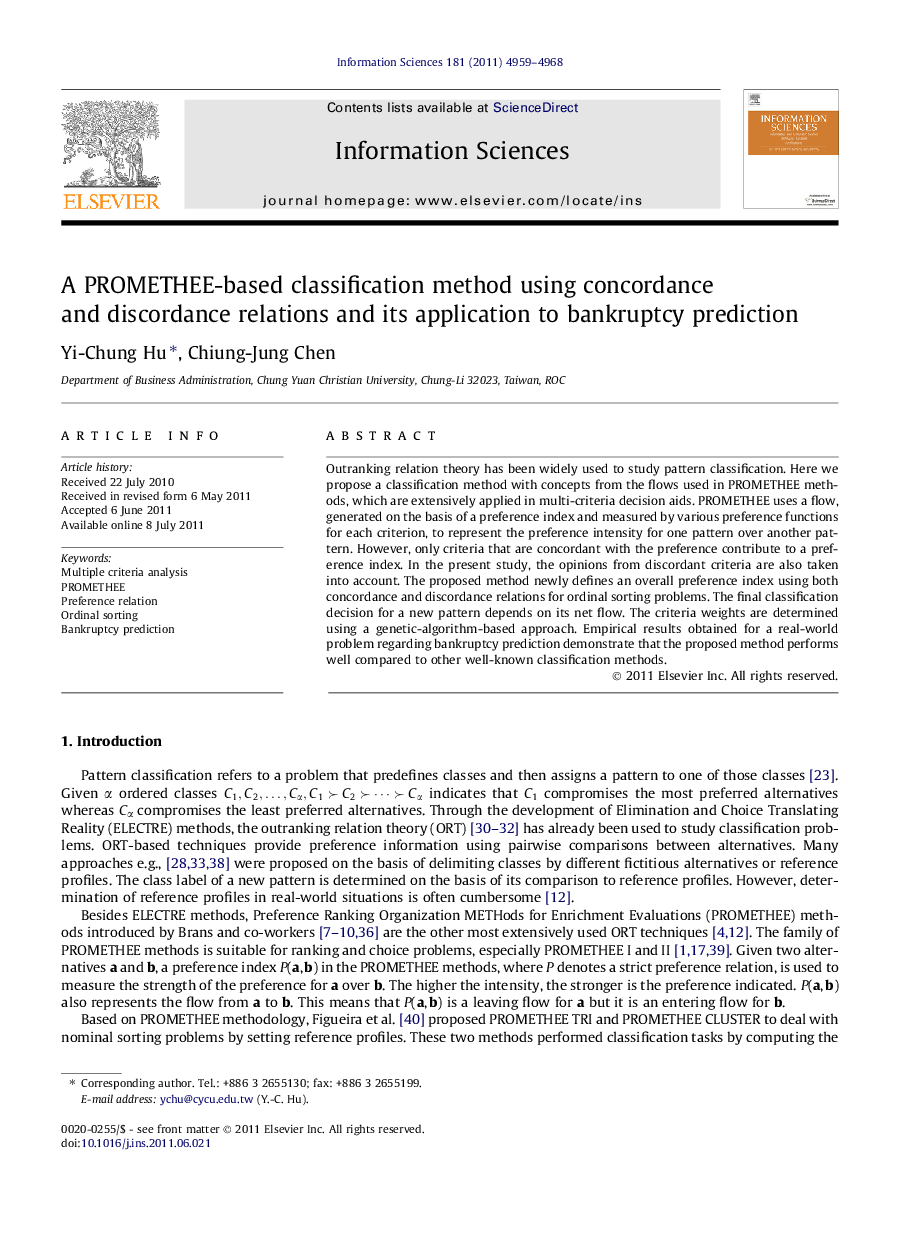 A PROMETHEE-based classification method using concordance and discordance relations and its application to bankruptcy prediction