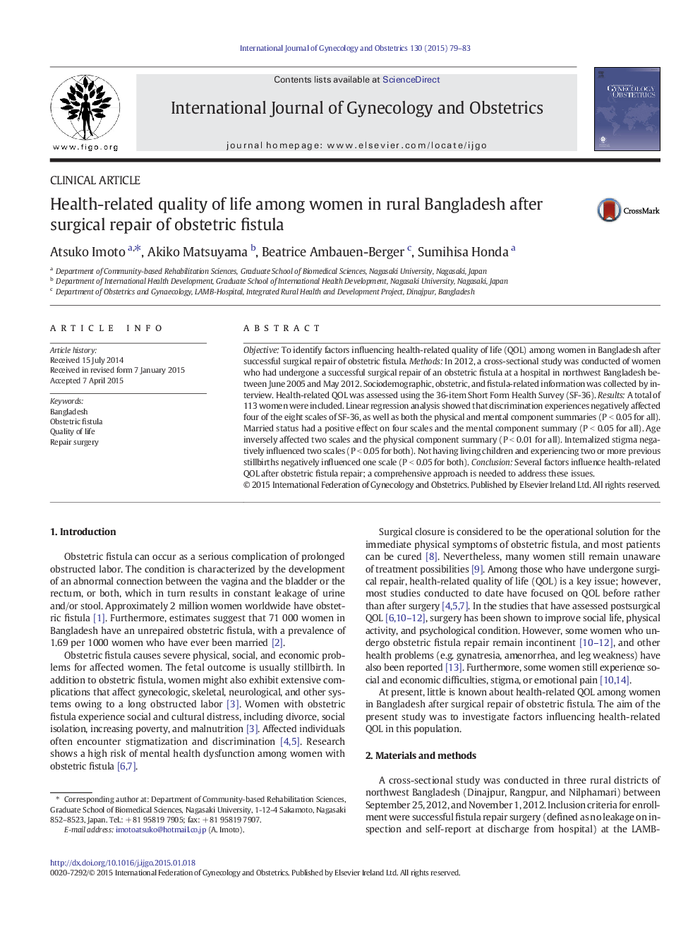 Health-related quality of life among women in rural Bangladesh after surgical repair of obstetric fistula