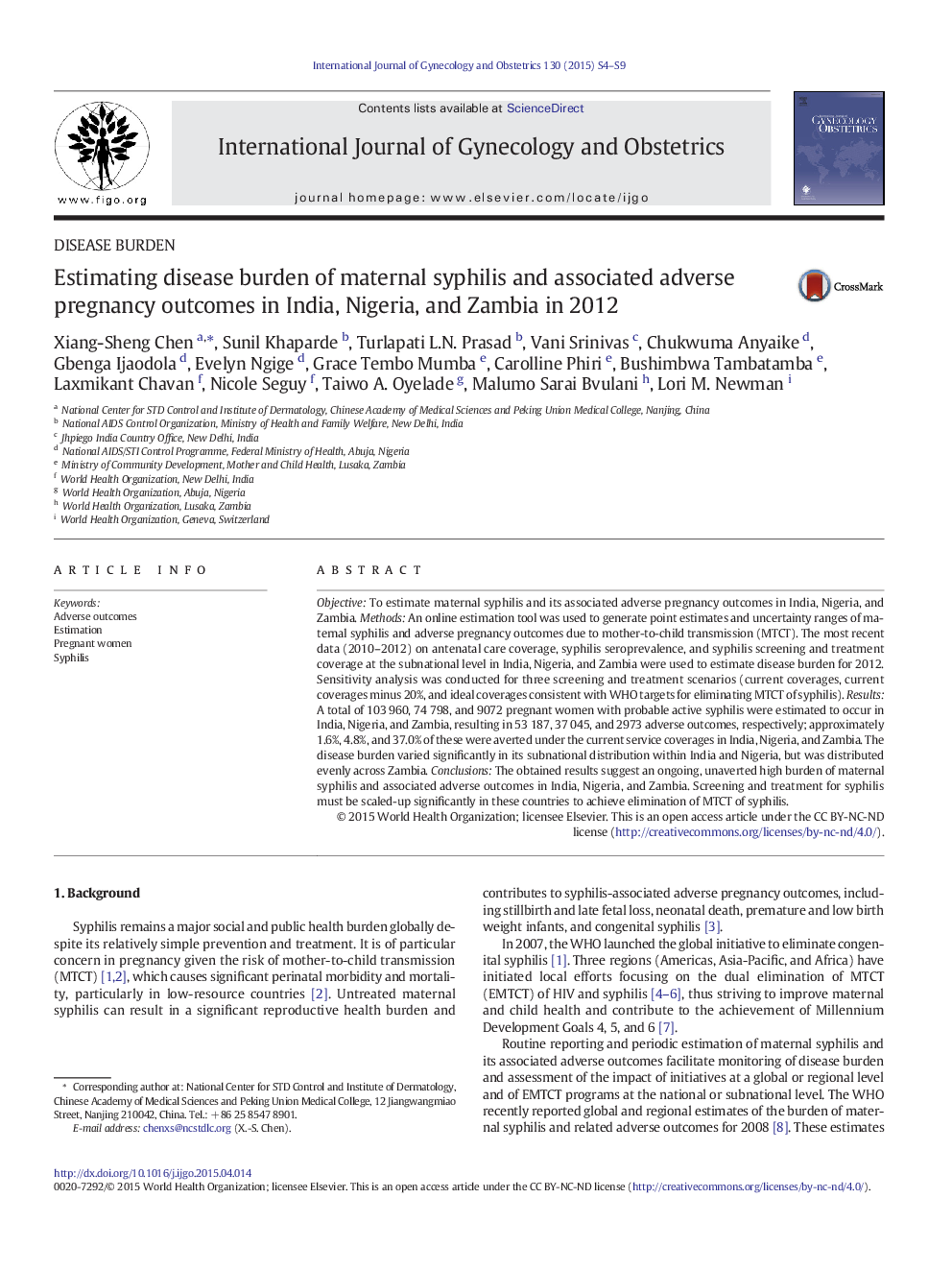 Estimating disease burden of maternal syphilis and associated adverse pregnancy outcomes in India, Nigeria, and Zambia in 2012