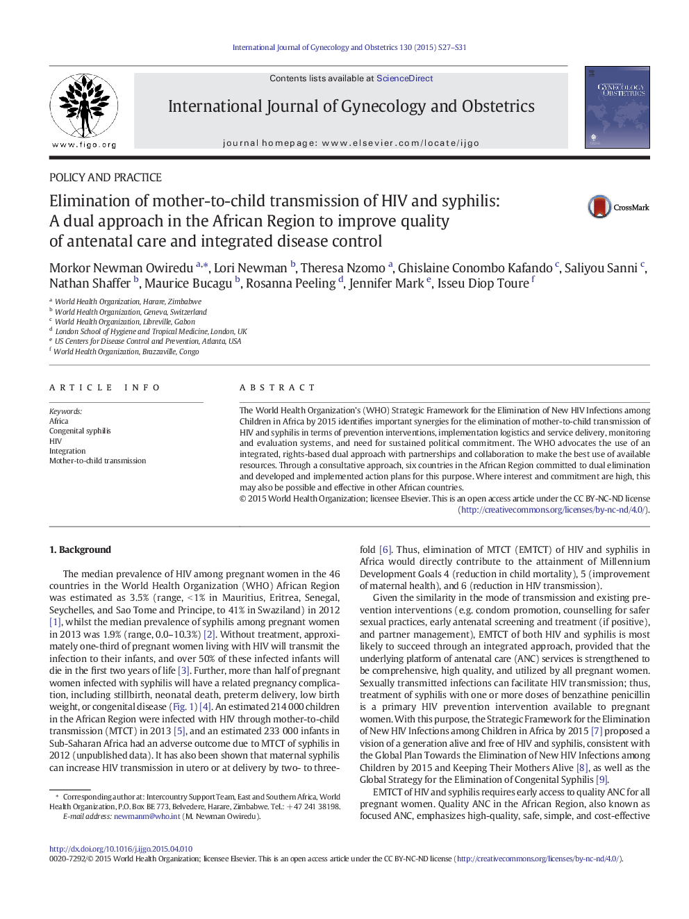 Elimination of mother-to-child transmission of HIV and syphilis: A dual approach in the African Region to improve quality of antenatal care and integrated disease control