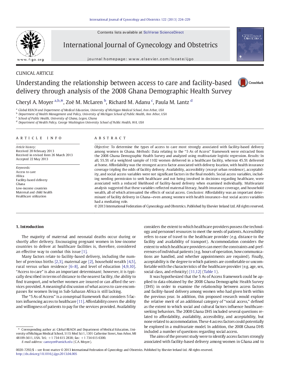 Understanding the relationship between access to care and facility-based delivery through analysis of the 2008 Ghana Demographic Health Survey