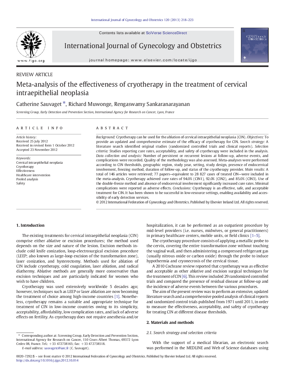 Meta-analysis of the effectiveness of cryotherapy in the treatment of cervical intraepithelial neoplasia