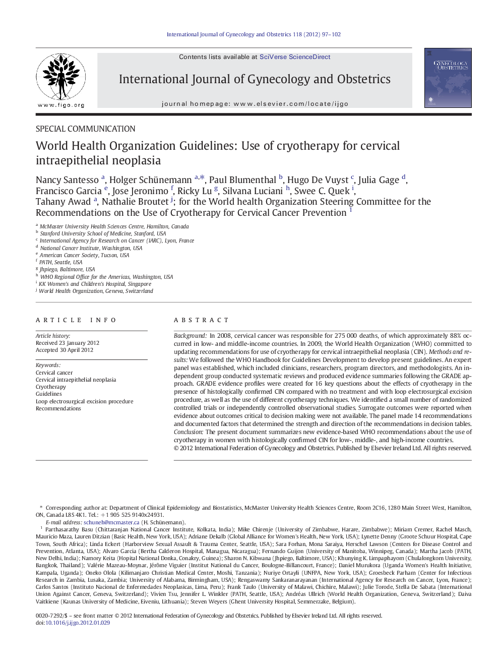 World Health Organization Guidelines: Use of cryotherapy for cervical intraepithelial neoplasia