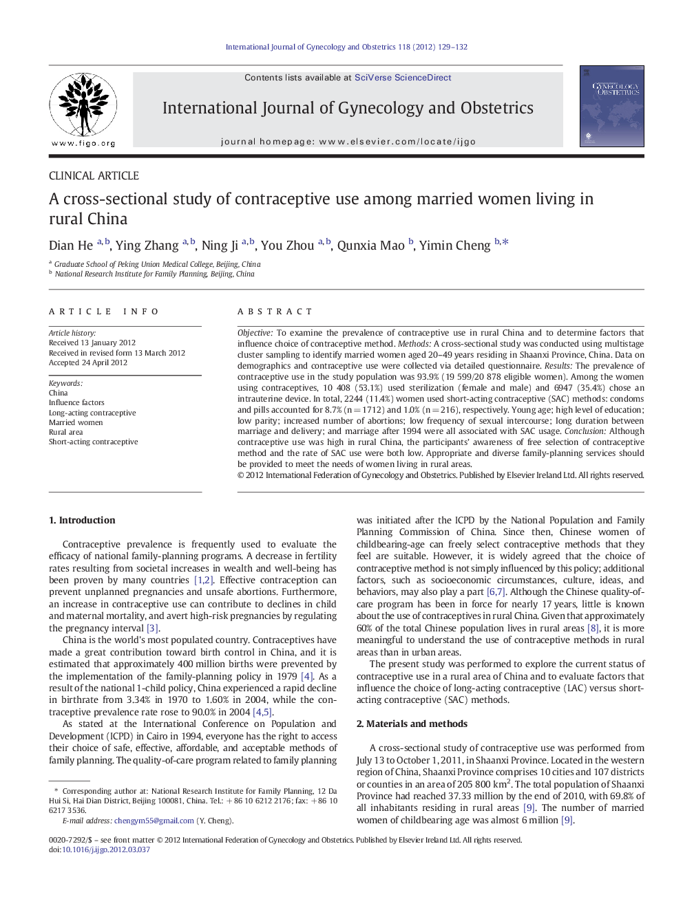 عکس صفحه اول مقاله: A cross-sectional study of contraceptive use among married women living in rural China A cross-sectional study of contraceptive use among married women living in rural China