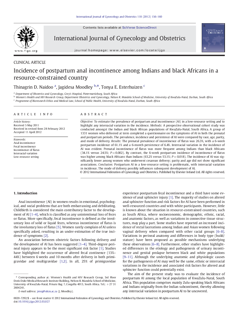 Incidence of postpartum anal incontinence among Indians and black Africans in a resource-constrained country