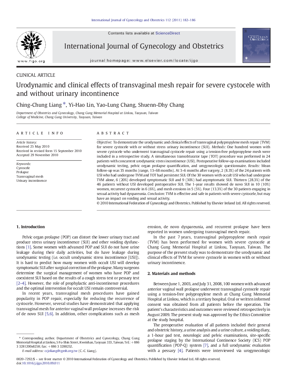 Urodynamic and clinical effects of transvaginal mesh repair for severe cystocele with and without urinary incontinence