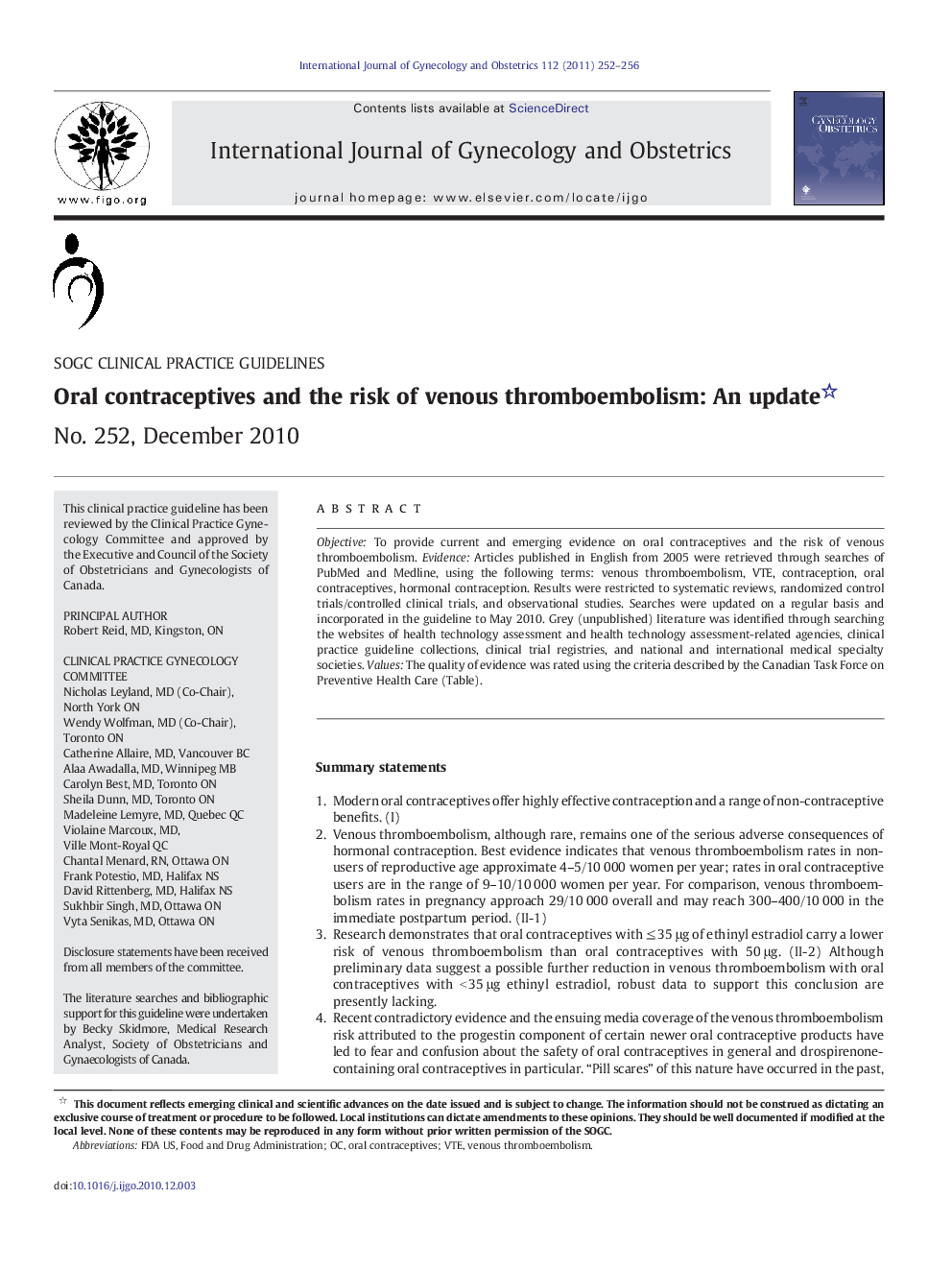 Oral contraceptives and the risk of venous thromboembolism: An update: No. 252, December 2010 