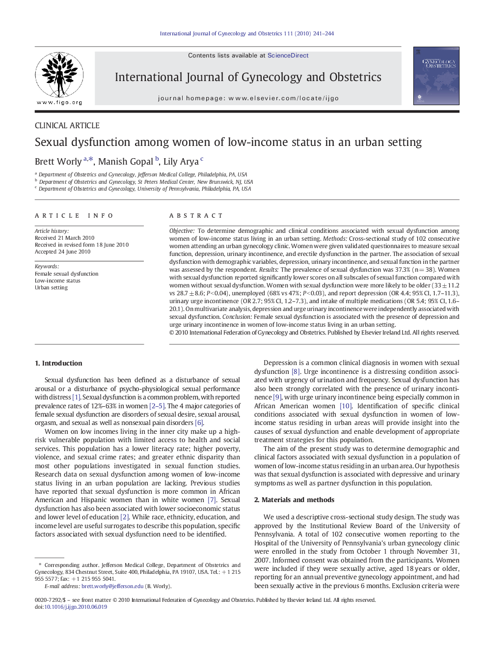 Sexual dysfunction among women of low-income status in an urban setting