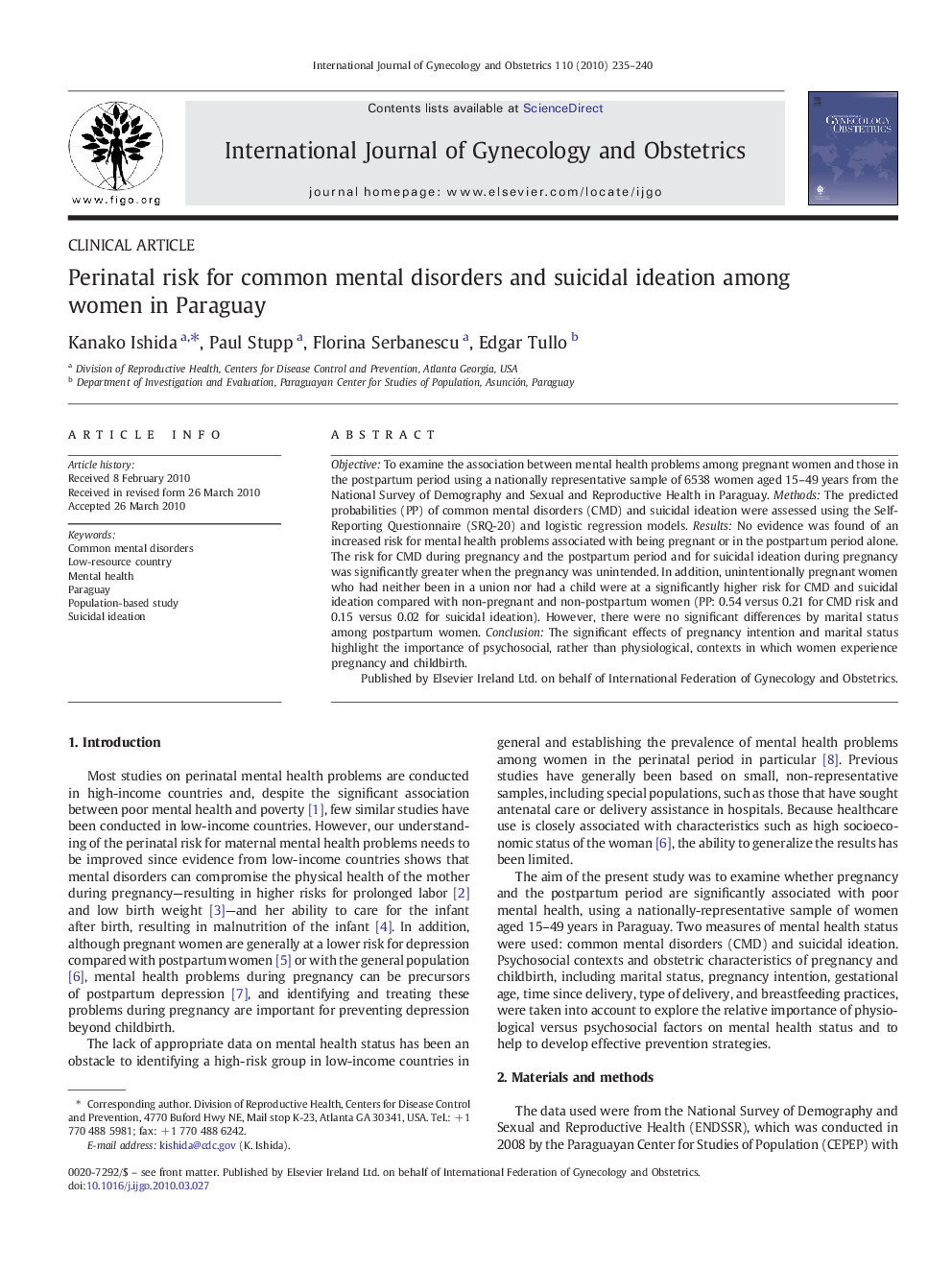 Perinatal risk for common mental disorders and suicidal ideation among women in Paraguay