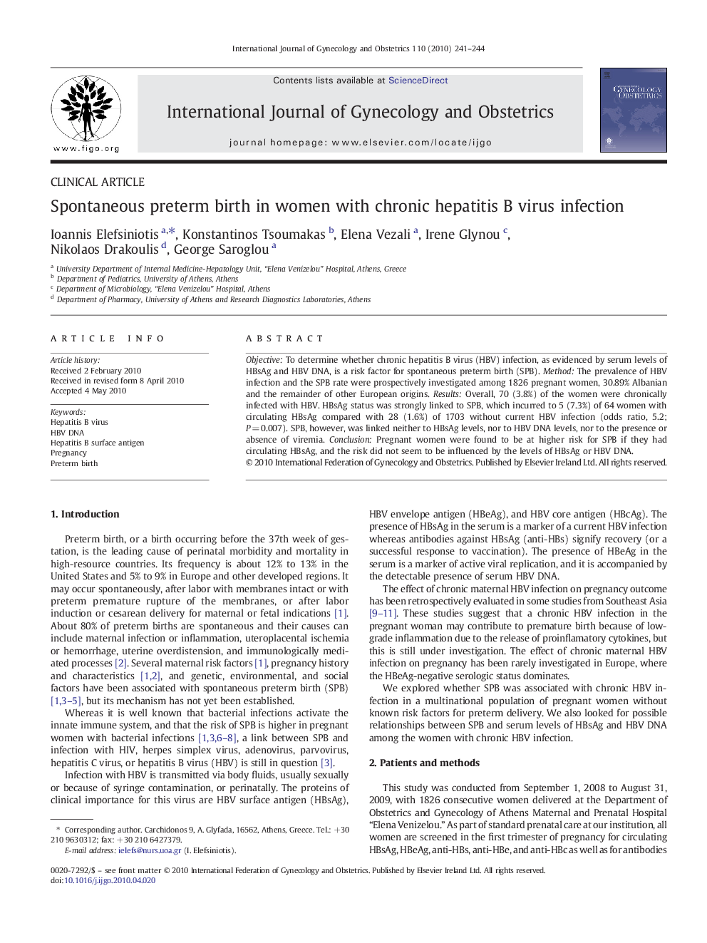 Spontaneous preterm birth in women with chronic hepatitis B virus infection