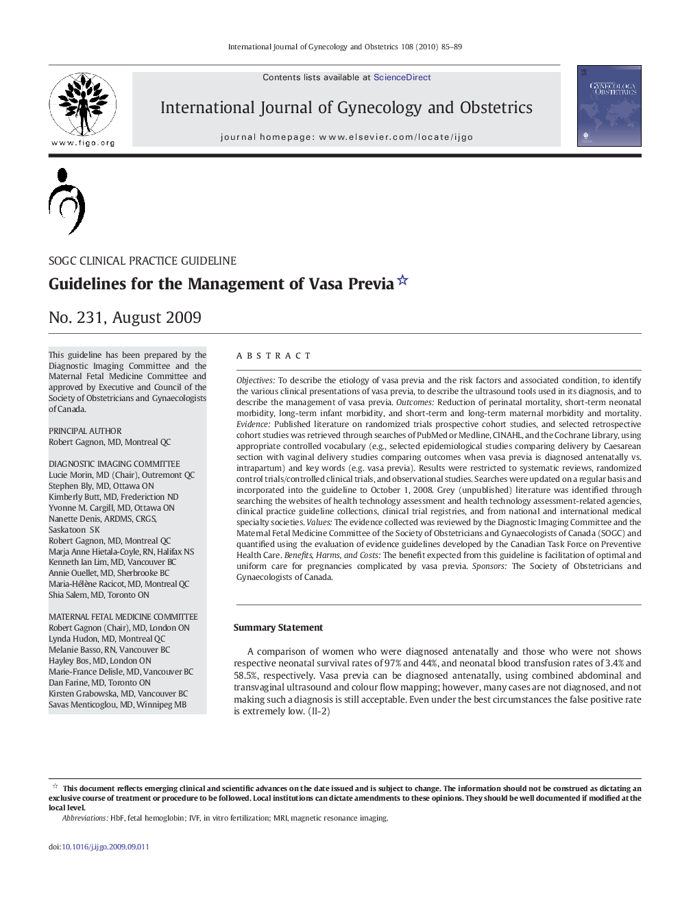 عکس صفحه اول مقاله: Guidelines for the Management of Vasa Previa: No. 231, August 2009 Guidelines for the Management of Vasa Previa: No. 231, August 2009