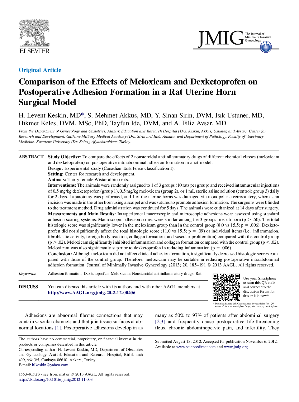 Comparison of the Effects of Meloxicam and Dexketoprofen on Postoperative Adhesion Formation in a Rat Uterine Horn Surgical Model 