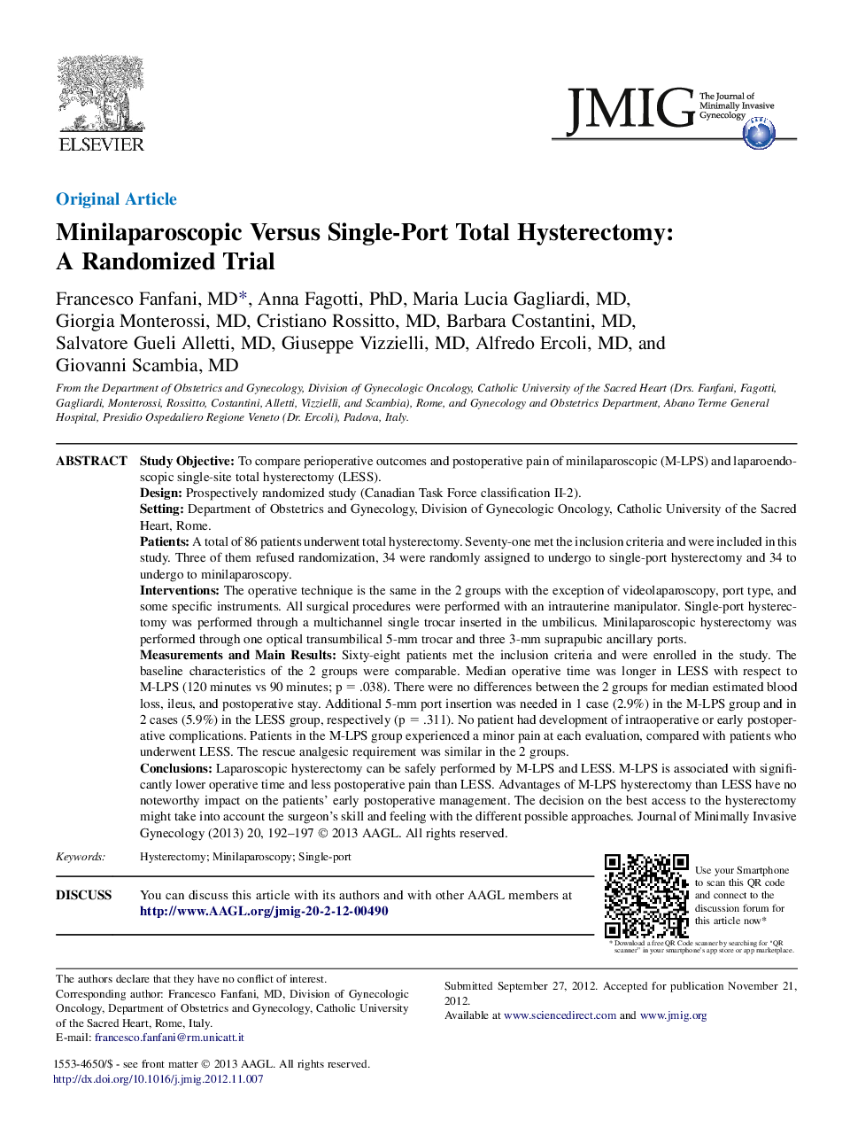 Minilaparoscopic Versus Single-Port Total Hysterectomy: AÂ Randomized Trial