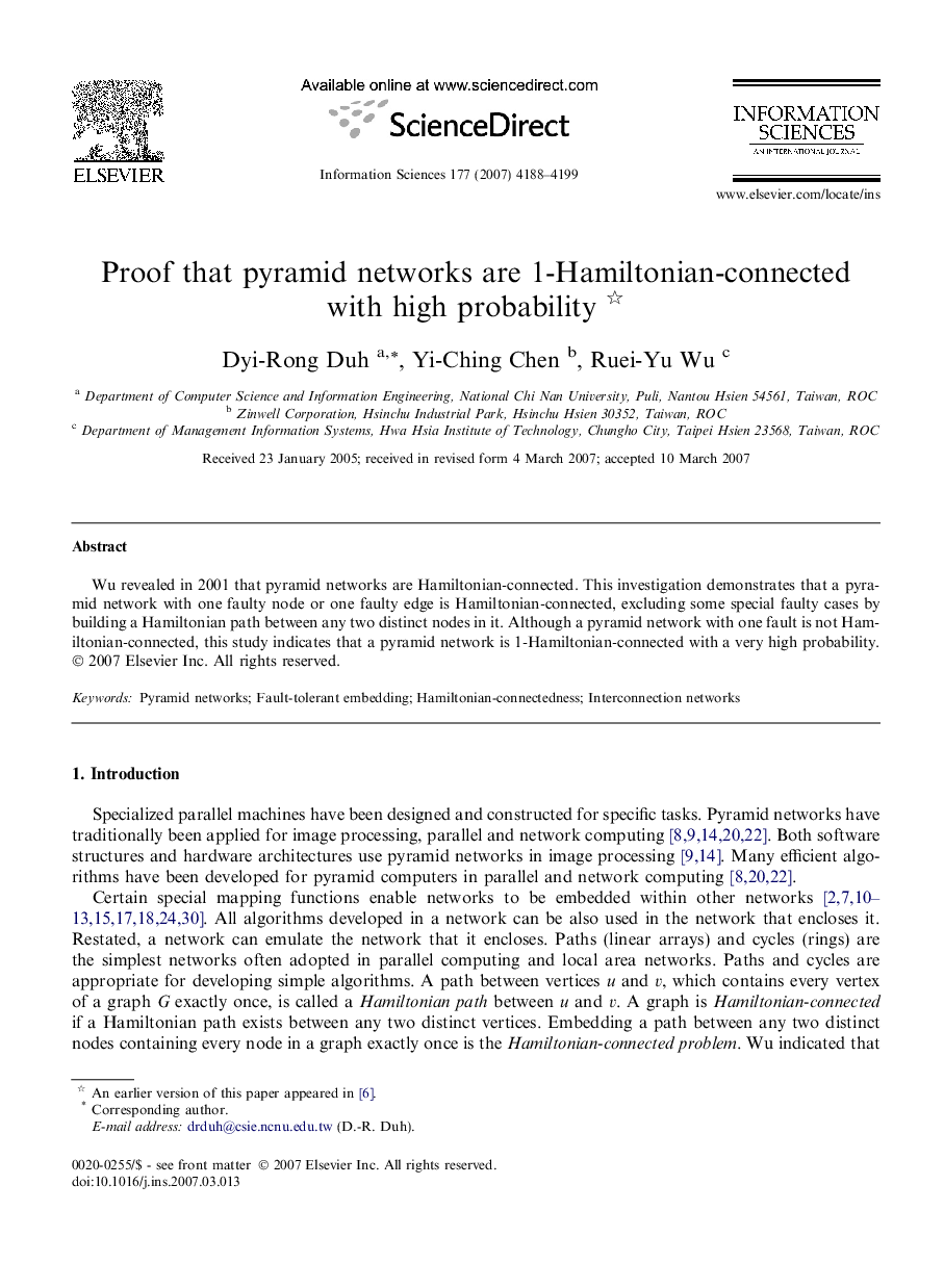 Proof that pyramid networks are 1-Hamiltonian-connected with high probability 