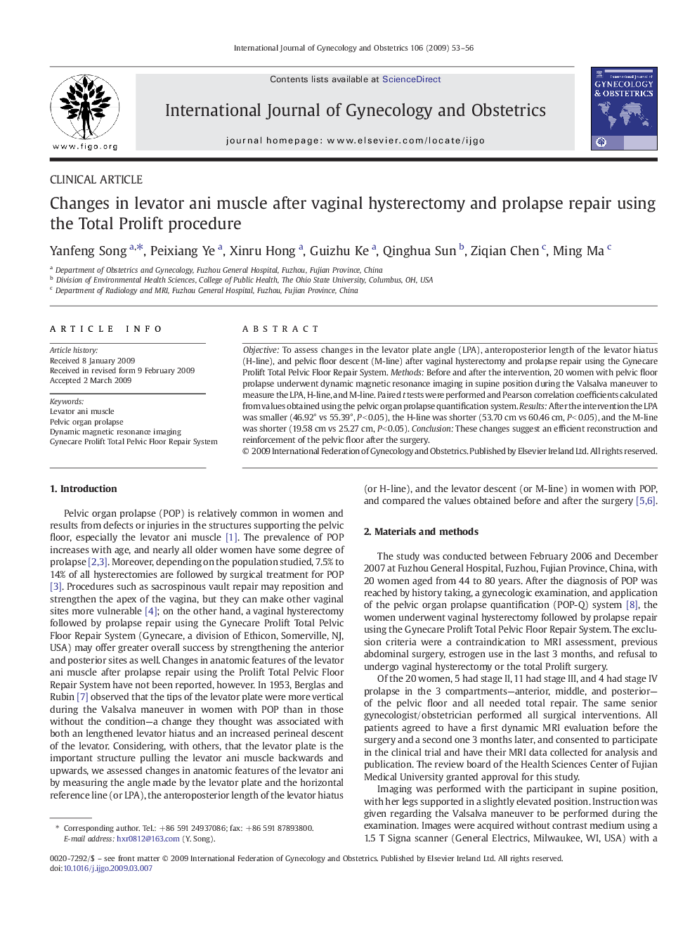 Changes in levator ani muscle after vaginal hysterectomy and prolapse repair using the Total Prolift procedure