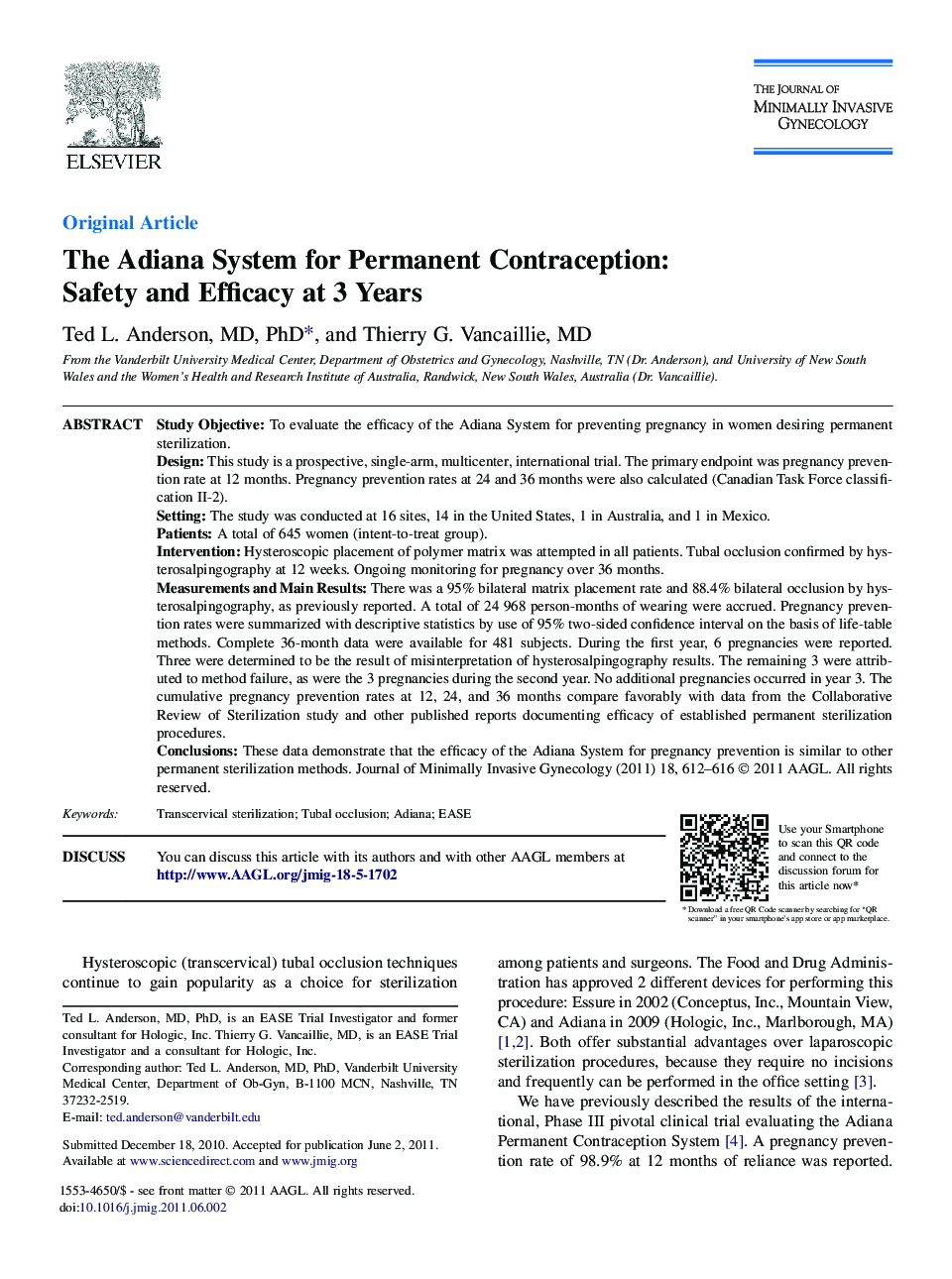 The Adiana System for Permanent Contraception: Safety and Efficacy at 3 Years 