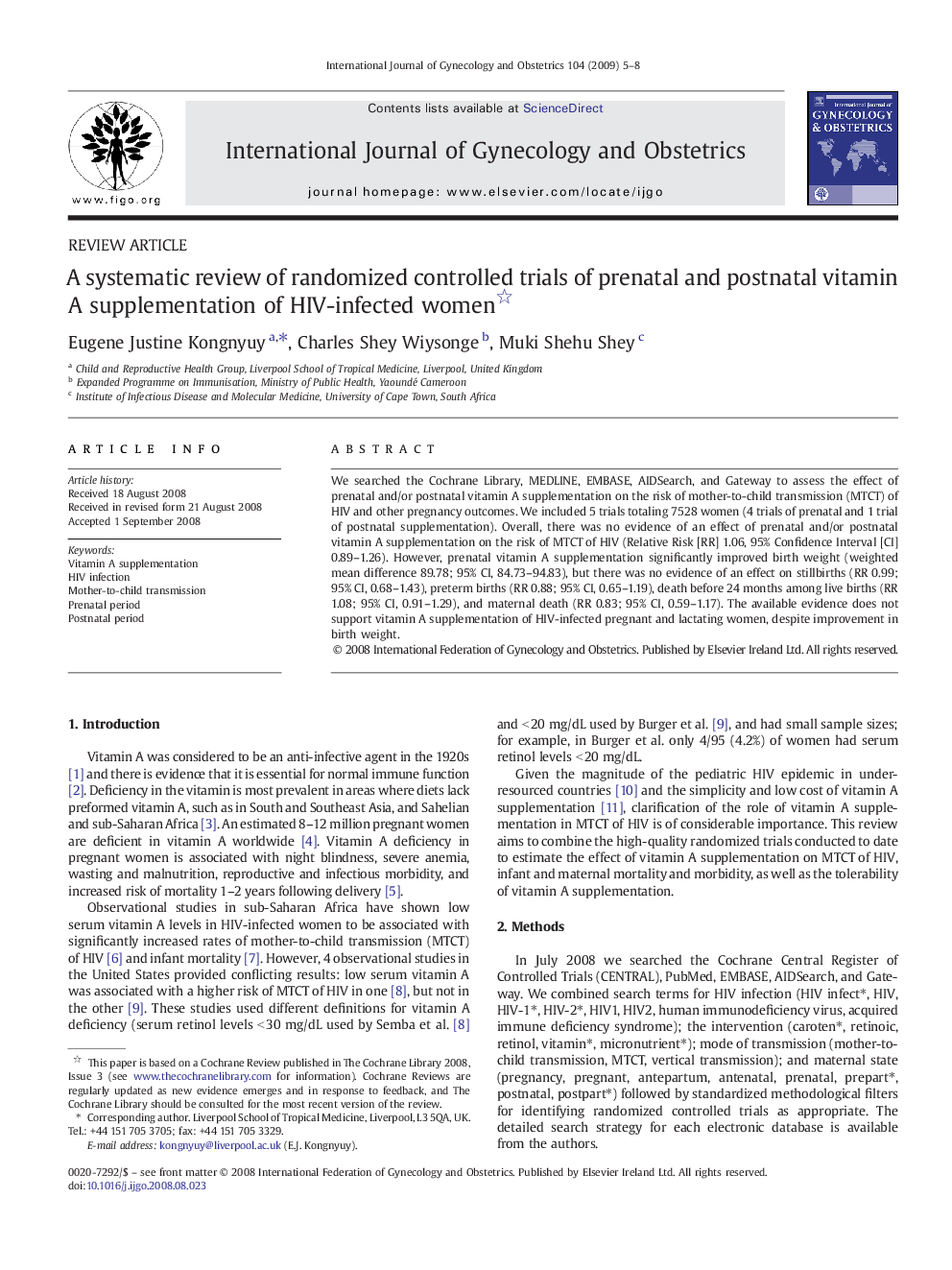 A systematic review of randomized controlled trials of prenatal and postnatal vitamin A supplementation of HIV-infected women 