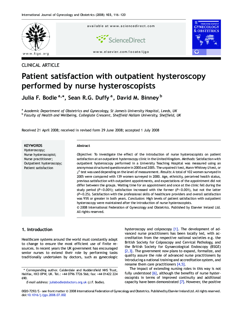 Patient satisfaction with outpatient hysteroscopy performed by nurse hysteroscopists