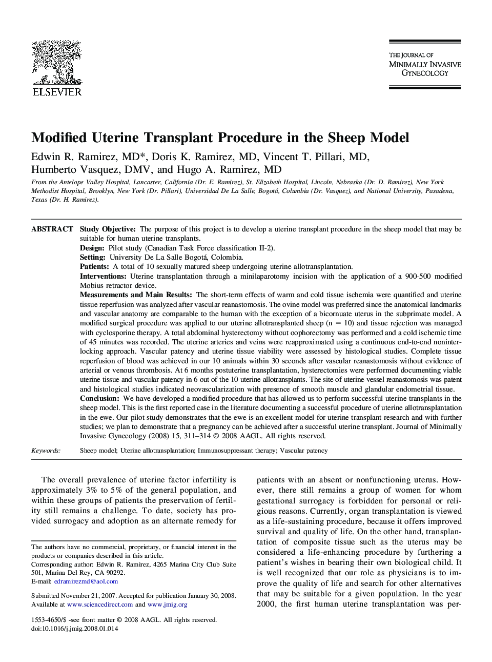 Modified Uterine Transplant Procedure in the Sheep Model 