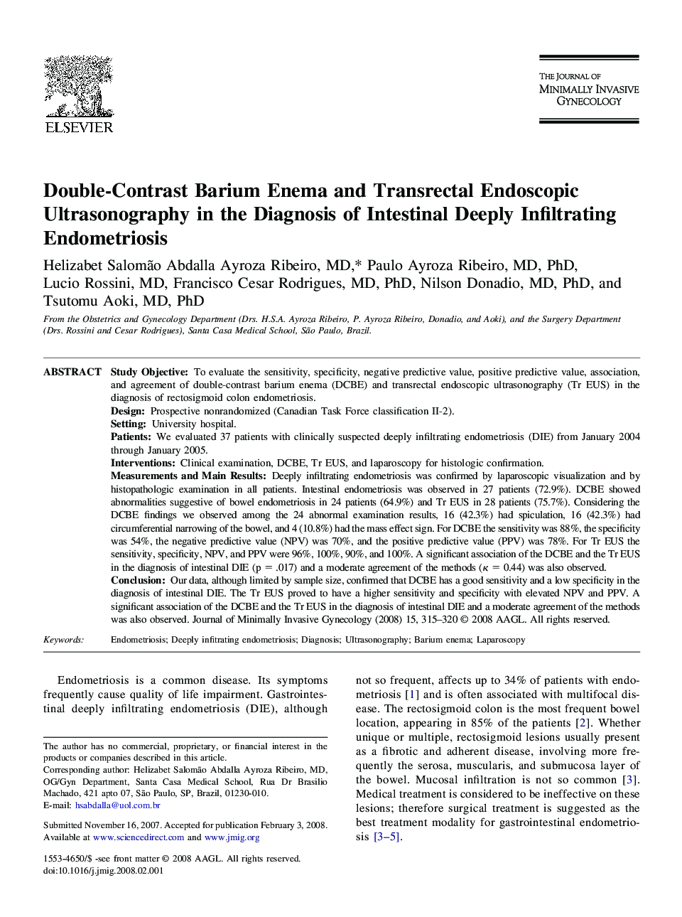 Double-Contrast Barium Enema and Transrectal Endoscopic Ultrasonography in the Diagnosis of Intestinal Deeply Infiltrating Endometriosis