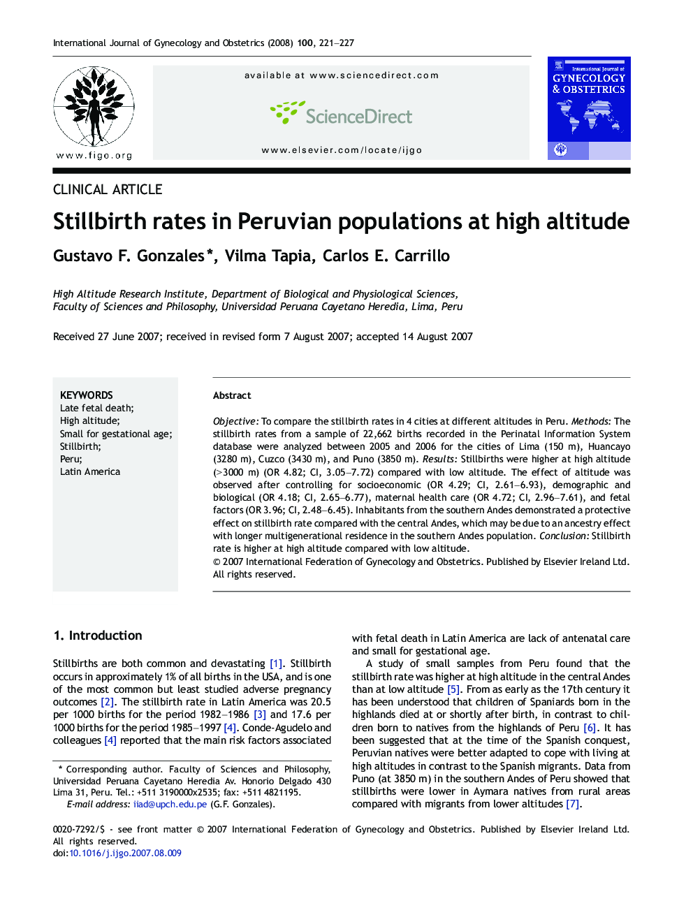 Stillbirth rates in Peruvian populations at high altitude