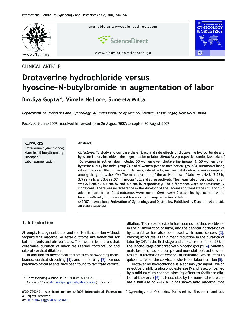 Drotaverine hydrochloride versus hyoscine-N-butylbromide in augmentation of labor