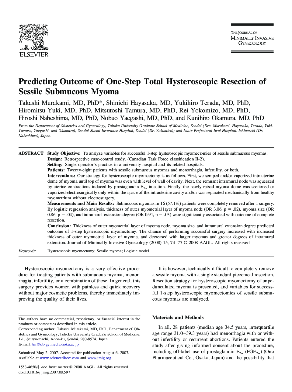 Predicting Outcome of One-Step Total Hysteroscopic Resection of Sessile Submucous Myoma 