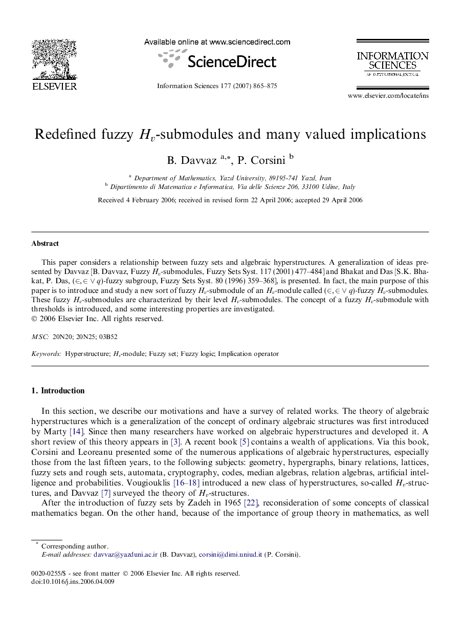 Redefined fuzzy Hv-submodules and many valued implications