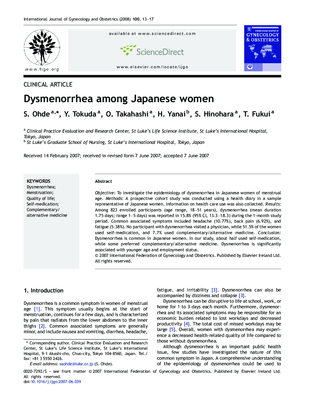 Dysmenorrhea among Japanese women