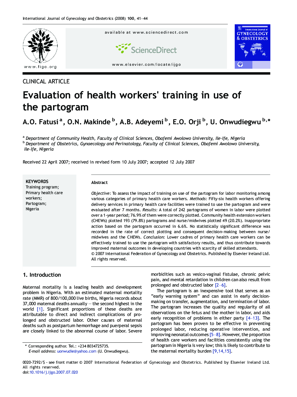 Evaluation of health workers' training in use of the partogram