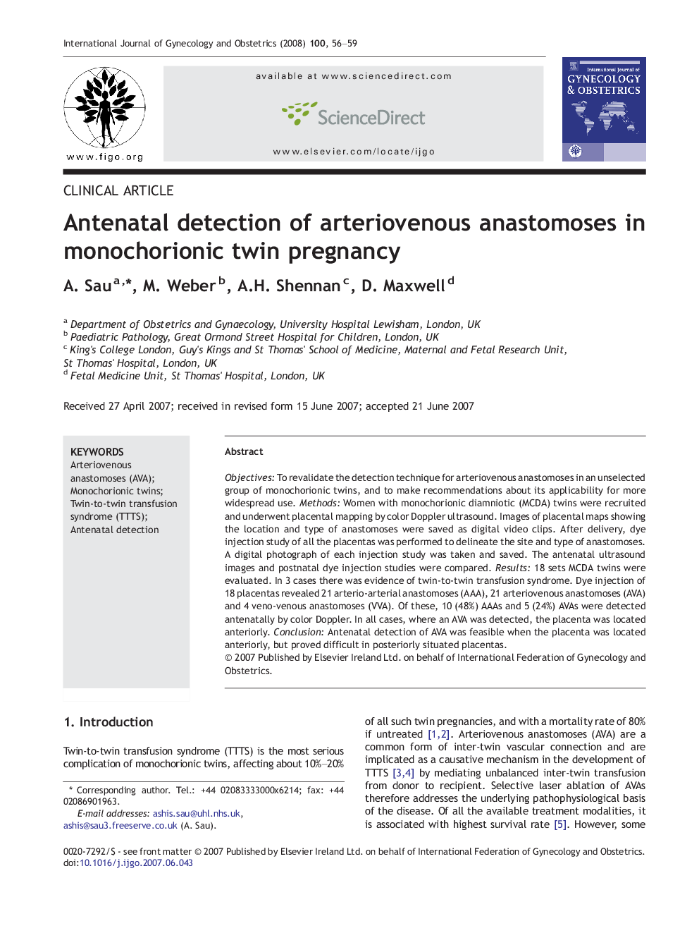 Antenatal detection of arteriovenous anastomoses in monochorionic twin pregnancy